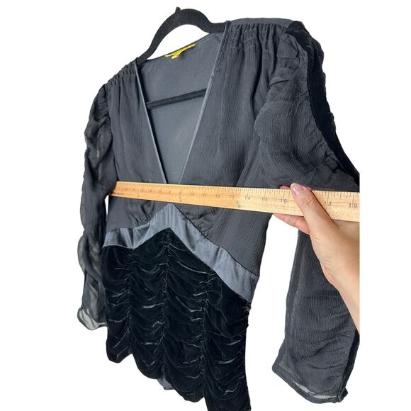 Catherine Malandrino Black Deep-V Gauze Satin Velvet Ruched 3/4 Sleeve Blouse S - Picture 12 of 12